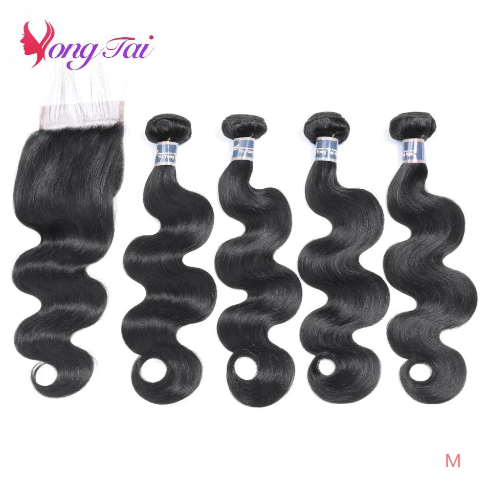 

YuYongtai Brazilian Body Wave 100% Human Hair Weave 4 Bundles With 4x4 Lace Closure Medium Ratio Non-Remy Hair Natural Black