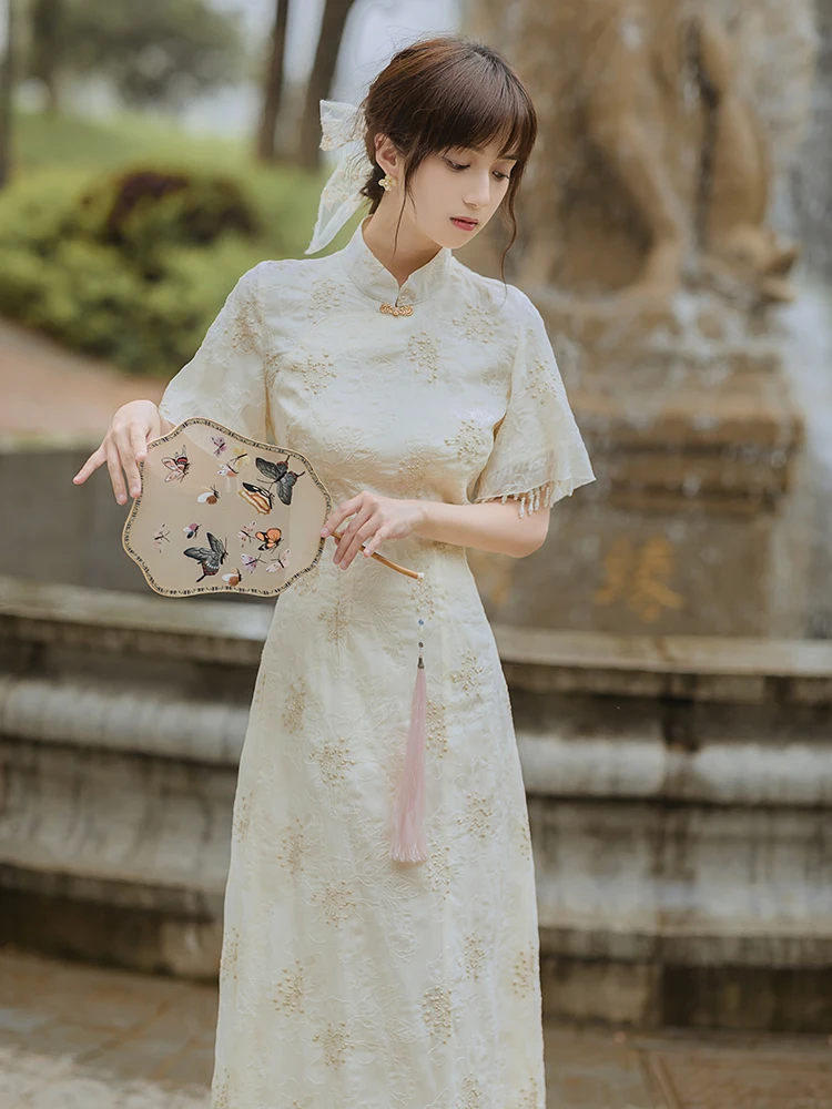 Modern Chic Girl Gentle Sweet Cheongsam 2021 Summer Women Stand Collar Vintage Embroidered Cuffs Beading Elegant Qipao Dress