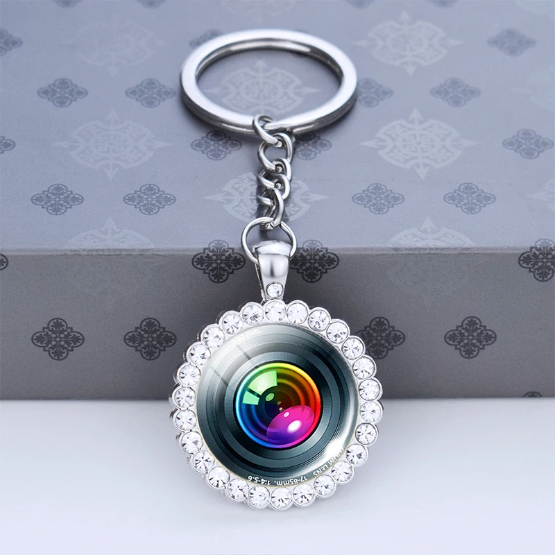 Camera Lens Picture Keychain Glass Cabochon Pendant Key Ring Camera Lens Trinket Jewelry Photographer Gift