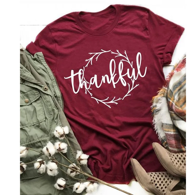 

Fashion Letter Grateful Thankful Blessed Printed Short Sleeve Printing Graphic Tees Shirt Female Tops Women T-shirt