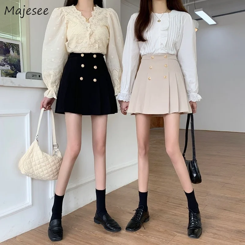 Pleated Skirts Women Mini Solid Preppy Simple All-match Button Casual High Waist Trendy Korean Style New Arrival Vintage Cozy