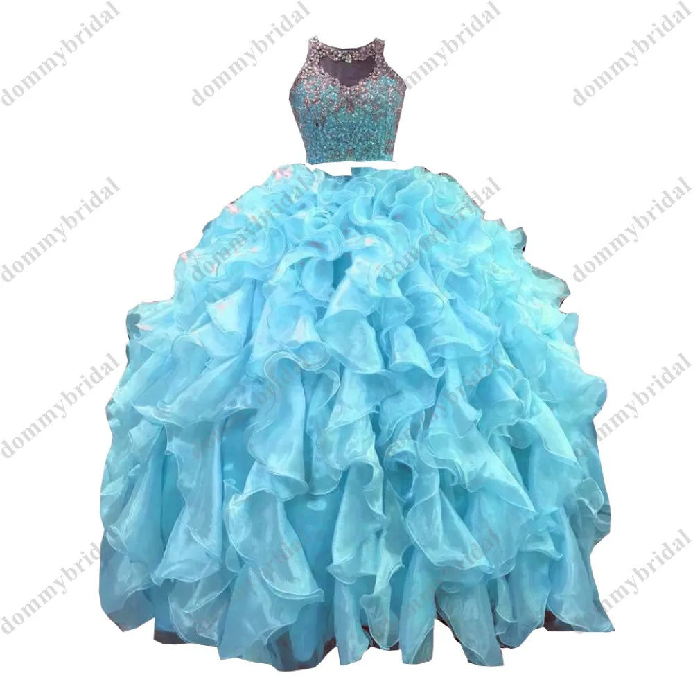 Popular Mint Two Pieces Ball Gown Cheap Quinceanera Dress  Sheer Neck Ruffled Crystal Prom Formal Graduation Dresses Long