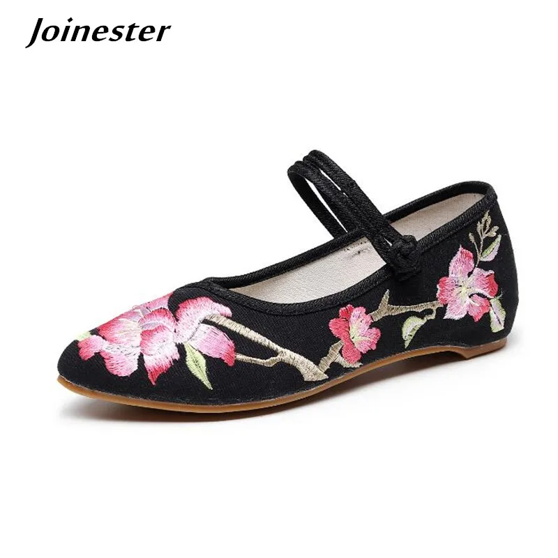 Spring Women Canvas Mary Jane Loafers Ethnic Floral Embroidered Pointed Toe Summer Flats Ladies Vintage Dress Shoes for Female