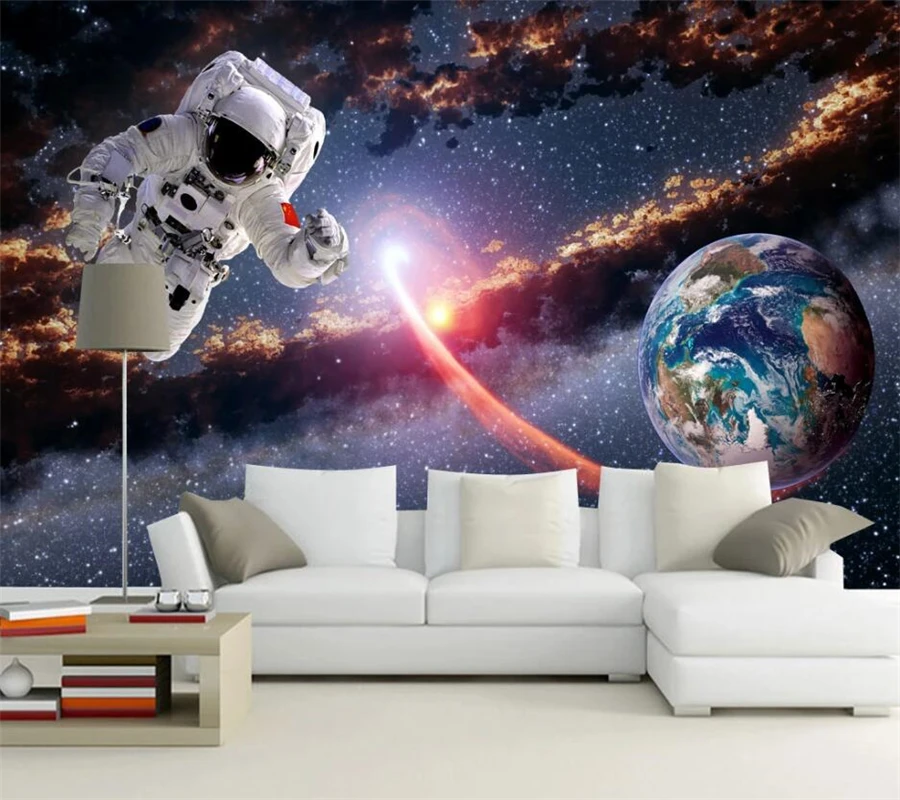 

wellyu Customized large mural three-dimensional astronaut earth 3D planet solar system galaxy living room background wallpaper