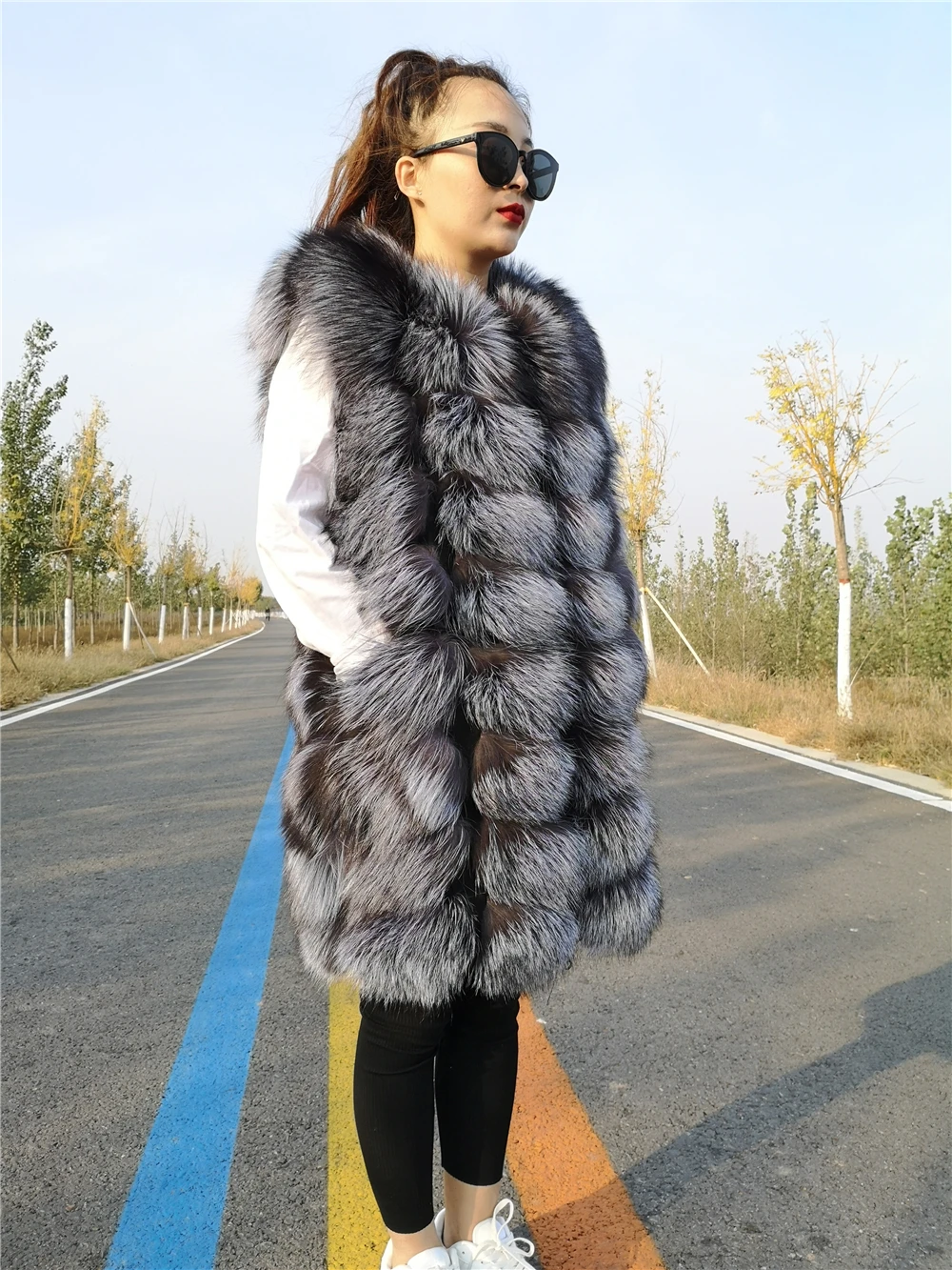 Women\'s Real Natural Silver Fox Fur Vest, Plus Size, Long, Winter Sleeveless Jacket, Female Red Vests