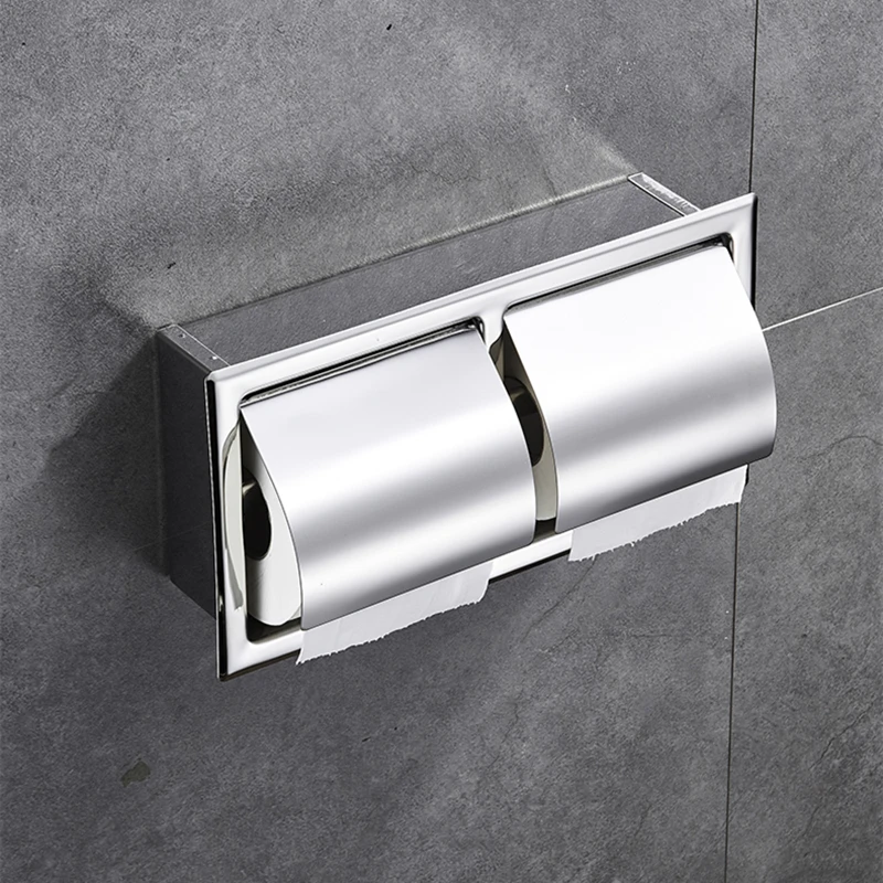 Hotel Concealed Tissue Holder Wall Tissue Box 304 Stainless Steel Embedded Toilet Paper Holder Black Double Roll Paper Holder