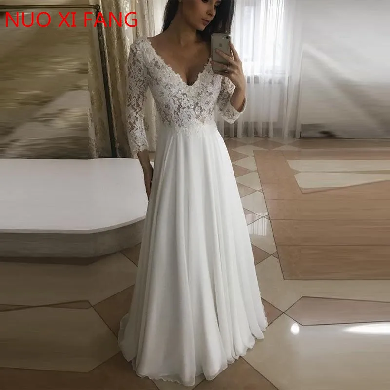 Vestido De Novia 2022 Lange Mouwen Beach Goedkope Trouwjurk Lace Chiffon Trouwjurk Sexy V-hals Floor Lengte Bridal jurk