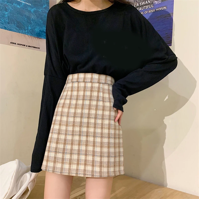 

Autumn and winter new fashion high waist skirt women plaid retro wild a-line skirt was thin package hip skirt