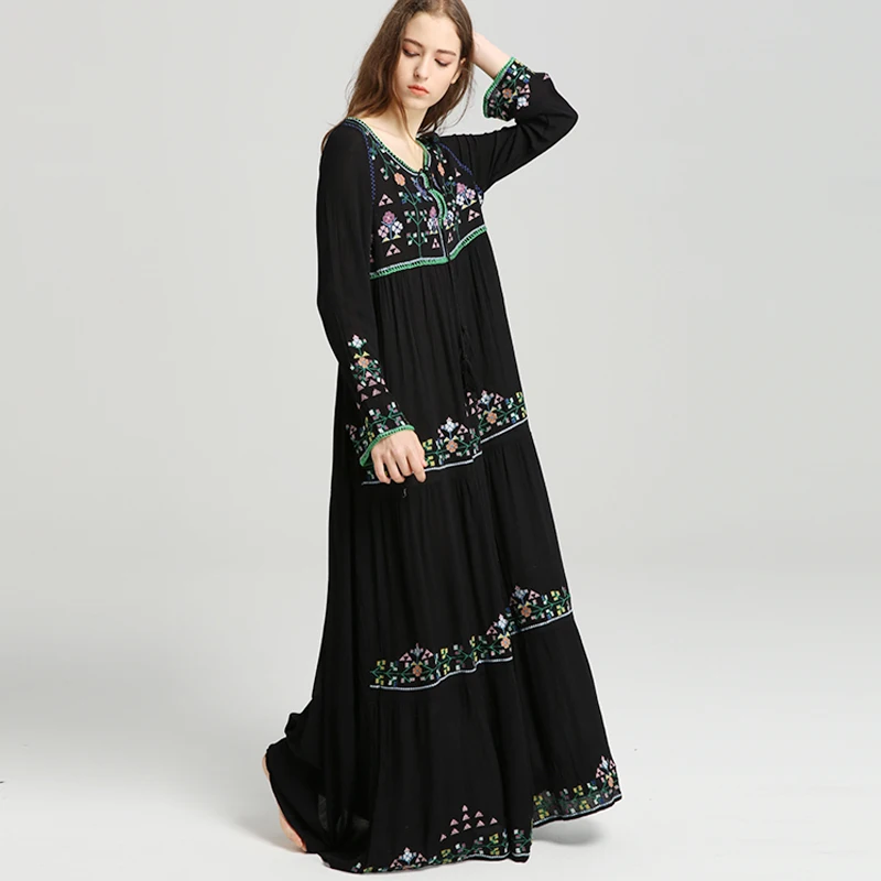 Black dress floral embroidered boho dress Vintage o-neck tassel long Sleeve dresses hippie long women dress brand clothing