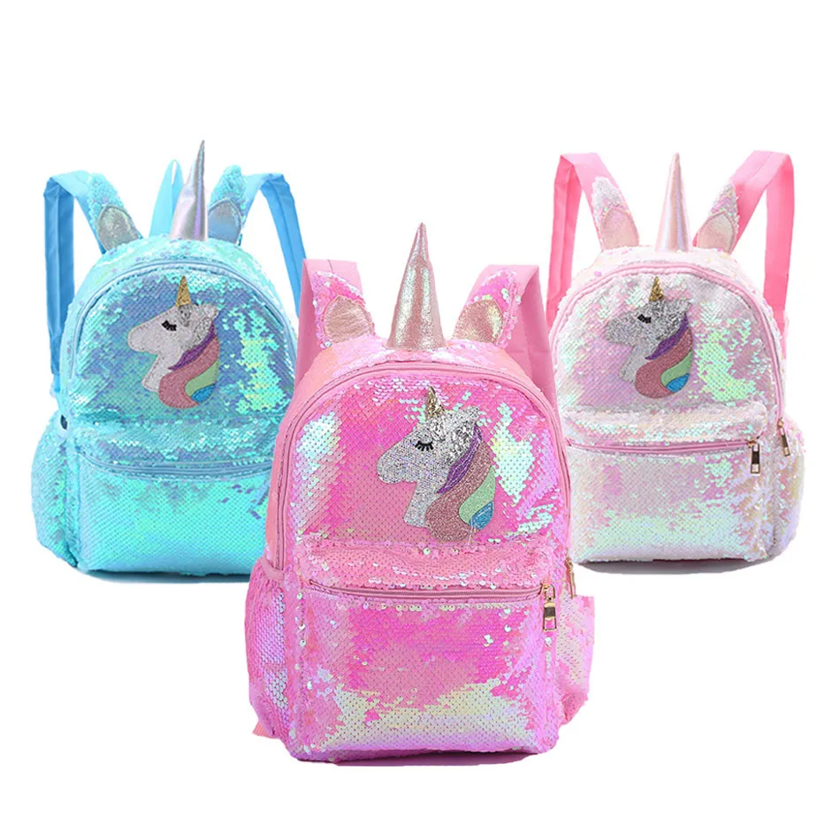 Moda kız Sequins Unicorn sırt çantaları çocuklar için PVC Mermaid parlak ışık okul çantaları kız ve erkek karikatür omuz çantası