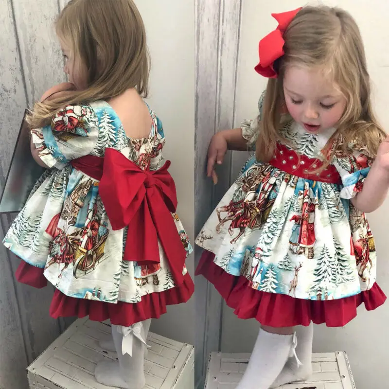 Kids Girls Christmas Princess Dress Toddler Baby Girl Lace Tutu Floral Printed Birthday Party Dress Xmas Costumes Clothes