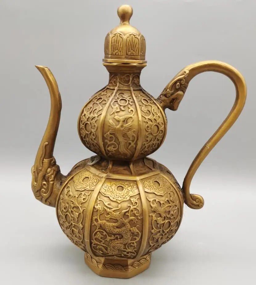 

China brass dragon phoenix gourd wine pot crafts statue