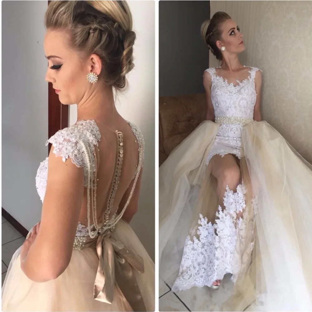 Vestido De Noiva 2 Pieces Wedding dress Gowns 2019 Lace Mermaid Bridal Dress With Detachable Train Pearls Crystal Sash Casamento