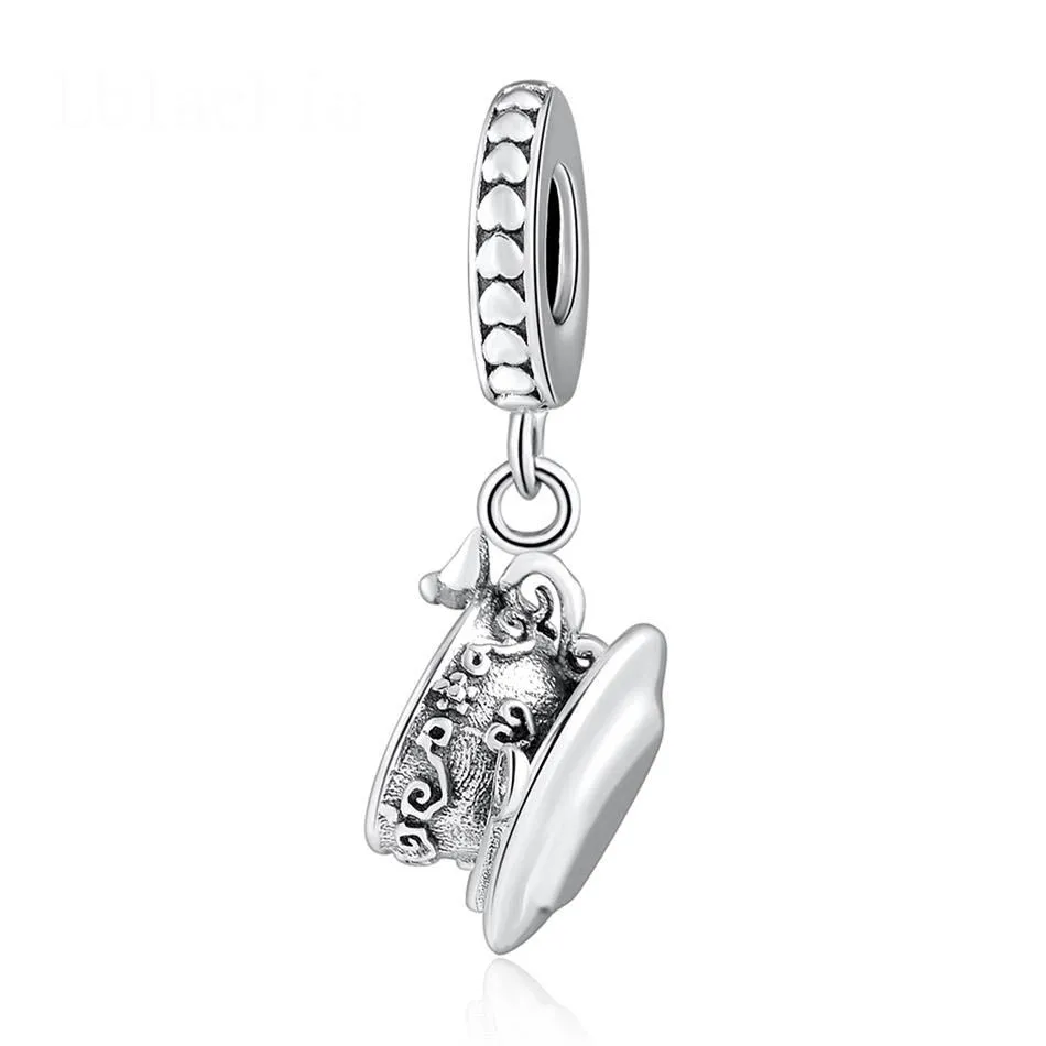 Authentic S925 Silver Pendant DIY Jewelry Enchanted Tea Cup Dangle Charm fit Lady Bracelet Bangle Pink Enamel