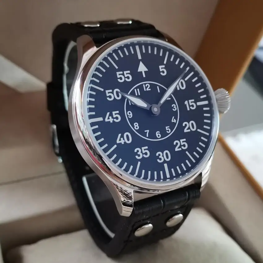 GEERVO No logo pilot 44mm Manual mechanical men's Watch No second hand C3 Super luminous Seagull ST3600 movement G113