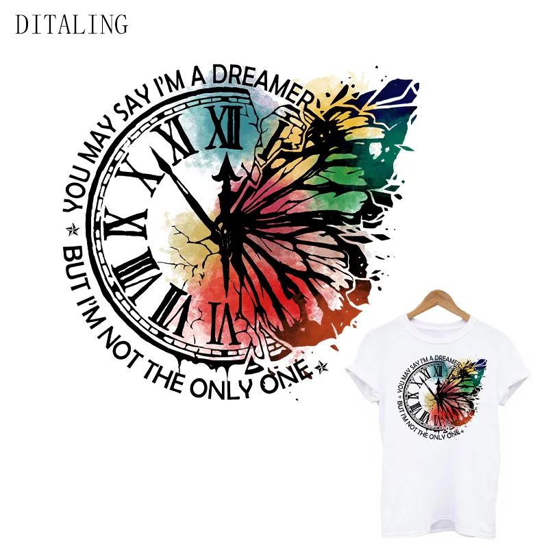 Watercolor Butterfly Patches On Clothing Vintage Clock Thermal Stickers On Clothes DIY Dreamer T-Shirt Iron On Transfers Patches