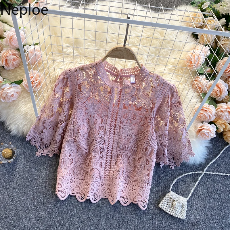 Neploe Korean Woman Clothes Blusas Mujer De Moda Fashion Shirts 2023 Hollow Out Floral Blouses Women Lace Laides Cropped Tops