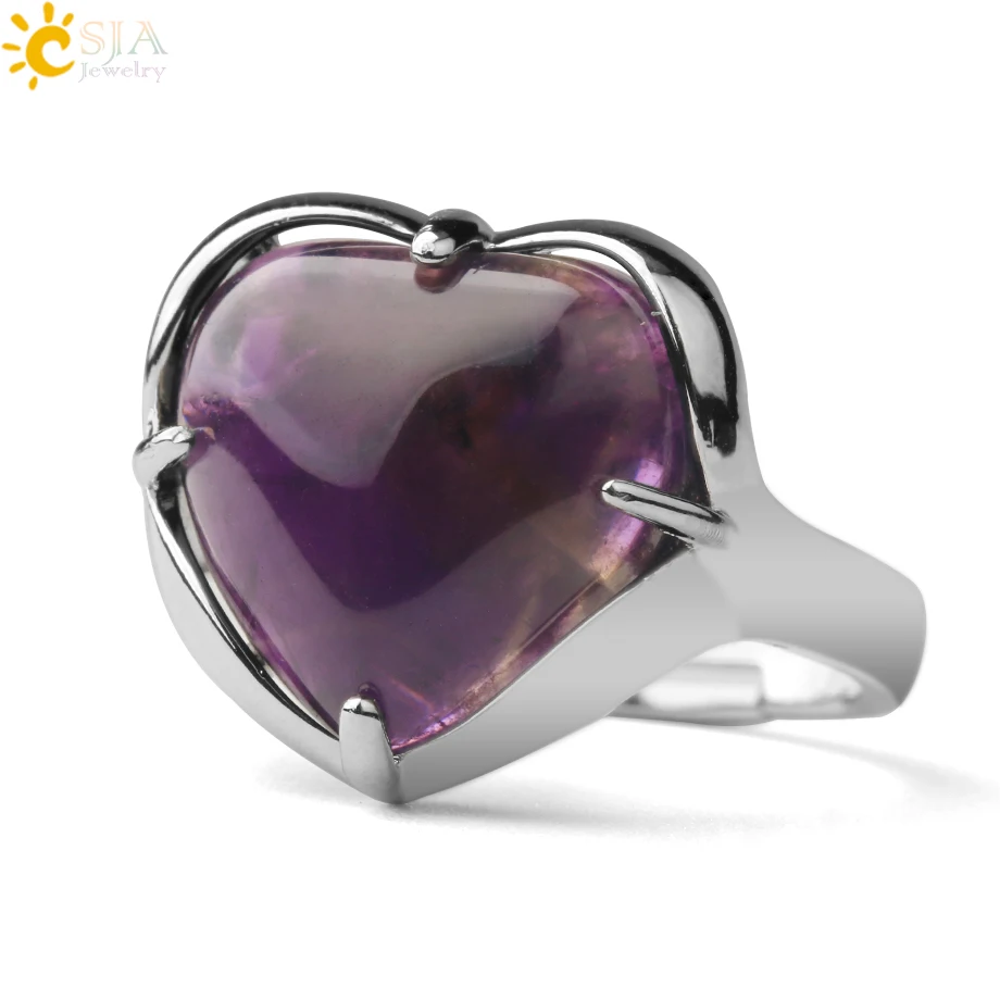 CSJA Love Heart Cyrstal Stones Ring for Women Silver Color Natural Stone Adjustable Rings Engagement Wedding Bridal Jewelry G691