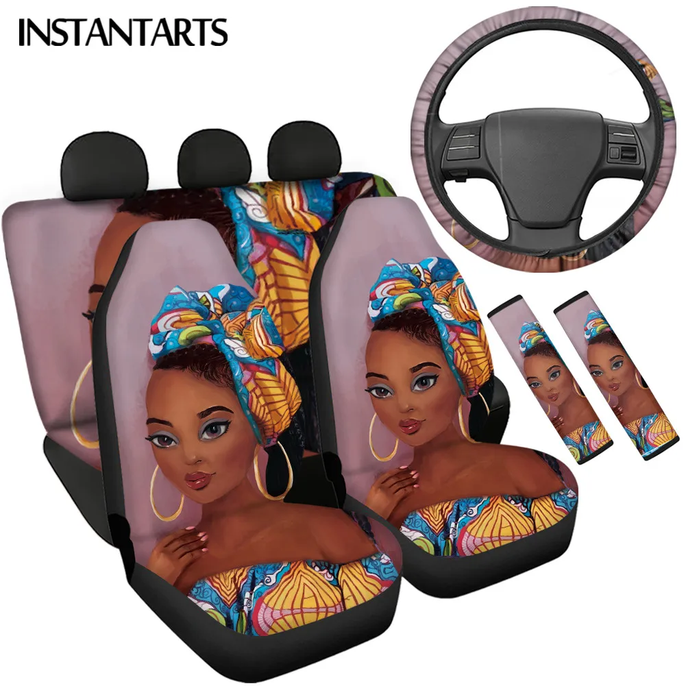 

INSTANTARTS Car Seat Protector Cover African Girls Prints Car Steering Wheel Cover Universal Seat Belt Sets Covers Washable