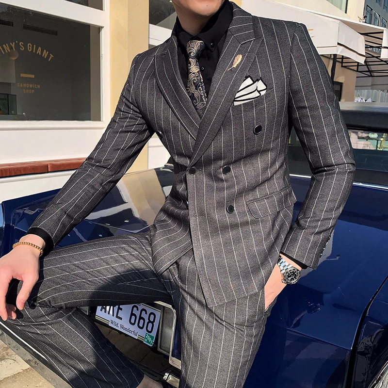 Luxury men\'s striped wedding casual tuxedo men\'s British slim suit 2pcs men\'s quality business social club suit Costume homme