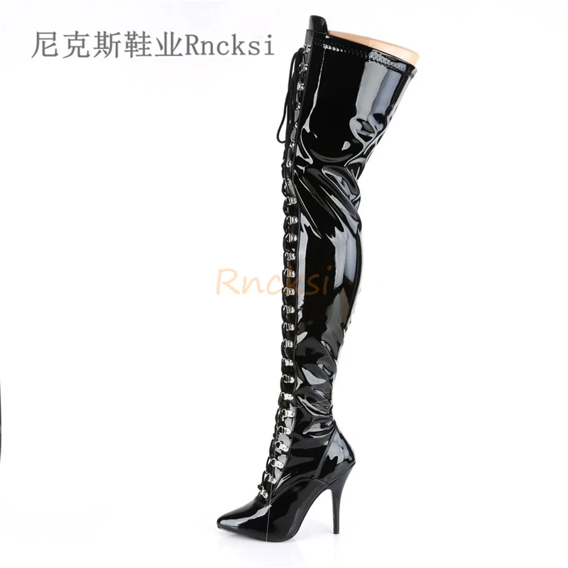 Rncksi 2020 New  Leather Women Over The Knee Boots Lace Up Sexy High Heels Autumn Woman Shoes Winter Women Boots Size 34-46