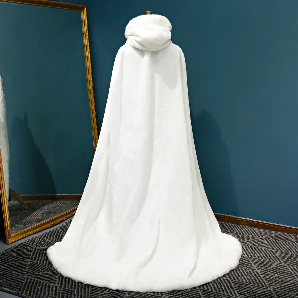 Weiß Winter Hochzeit Kleid Braut Faux Pelz Cape Elfenbein Braut Mantel mit Hut Pelz Hochzeit Mäntel 2019