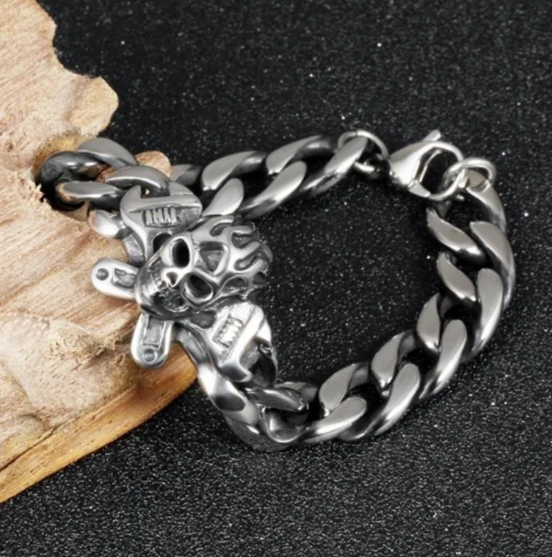 Personality Punk Skull Stainless Steel Bracelet Big Heavy Men Bracelet Biker Jewelry