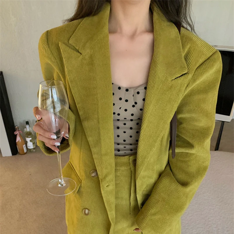 Vintage French Style Loose Women Blazer Double Breasted Casual Female Suit Coat Turn Down Collar Outerwear With Pockets