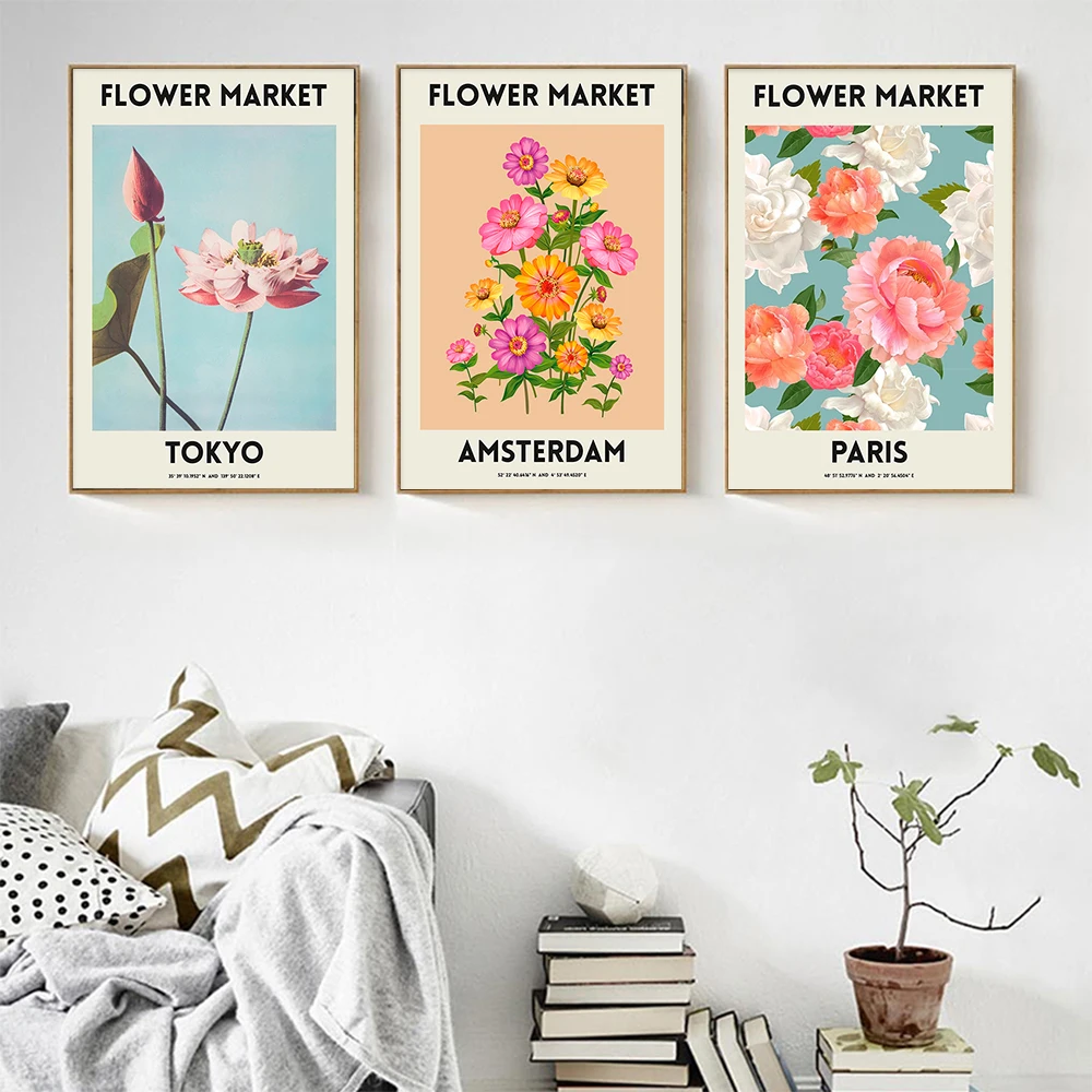 Pintura en lienzo de plantas de flor nórdica, carteles e impresiones de París de Amsterdam, imágenes de pared de Estocolmo y Tokio para decoración para sala de estar
