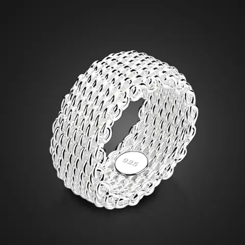 New Fashion 9MM Wide Silver Ring Women Personalized 925 Sterling Silver Braided Mesh Ring Fine Jewelry Gift Wholesale