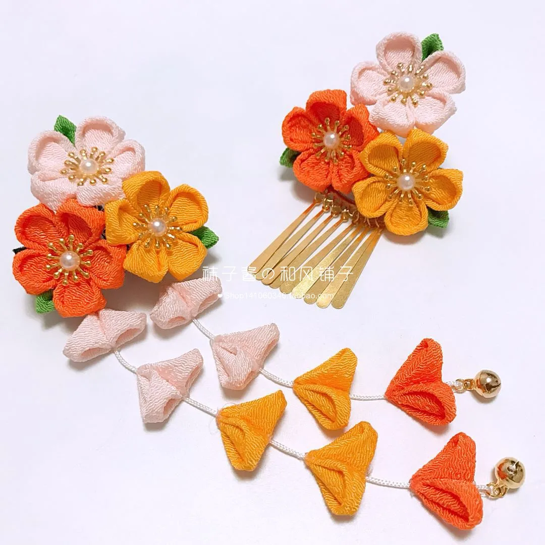 Orange Japanese Antique and Crepe Hair Kimono Bathrobe Hanfu Photo Accessories Edge Clamp