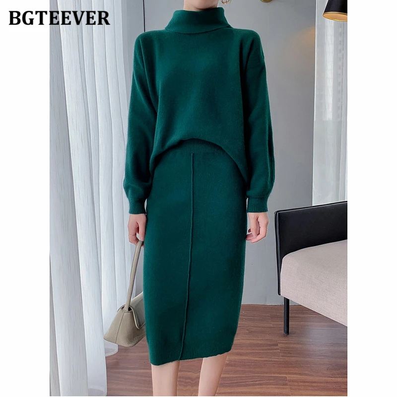 BGTEEVER Elegant Women Thicken Warm Loose 2 Pieces Knitted Set Turtleneck Long Sleeve Sweaters & Pencil Midi Skirts 2021 Autumn