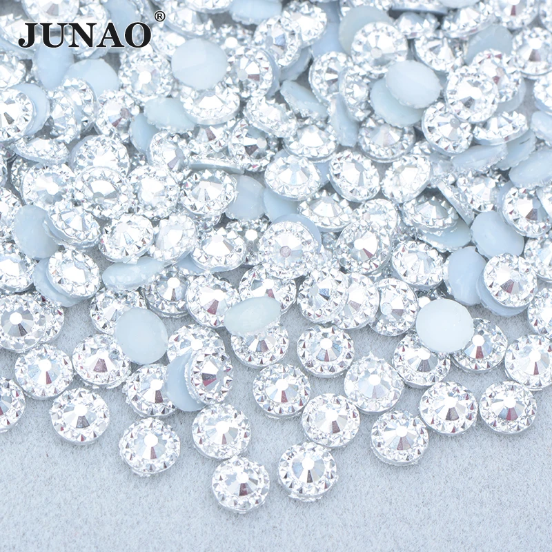 JUNAO 4 5 6mm Silver Color Flowers Crystal Rhinestone Flat Back Resin Stones Round Nail Art Crystal Sticker For Decoration