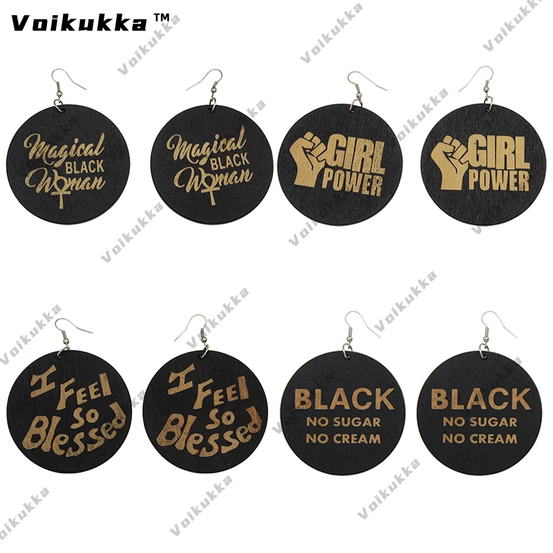 VOIKUKKA Jewelry 6 CM Circle One Side Laser Engrave Girl Power Black No Sugar No Cream Woman Wooden Pendants Drop Women Earrings