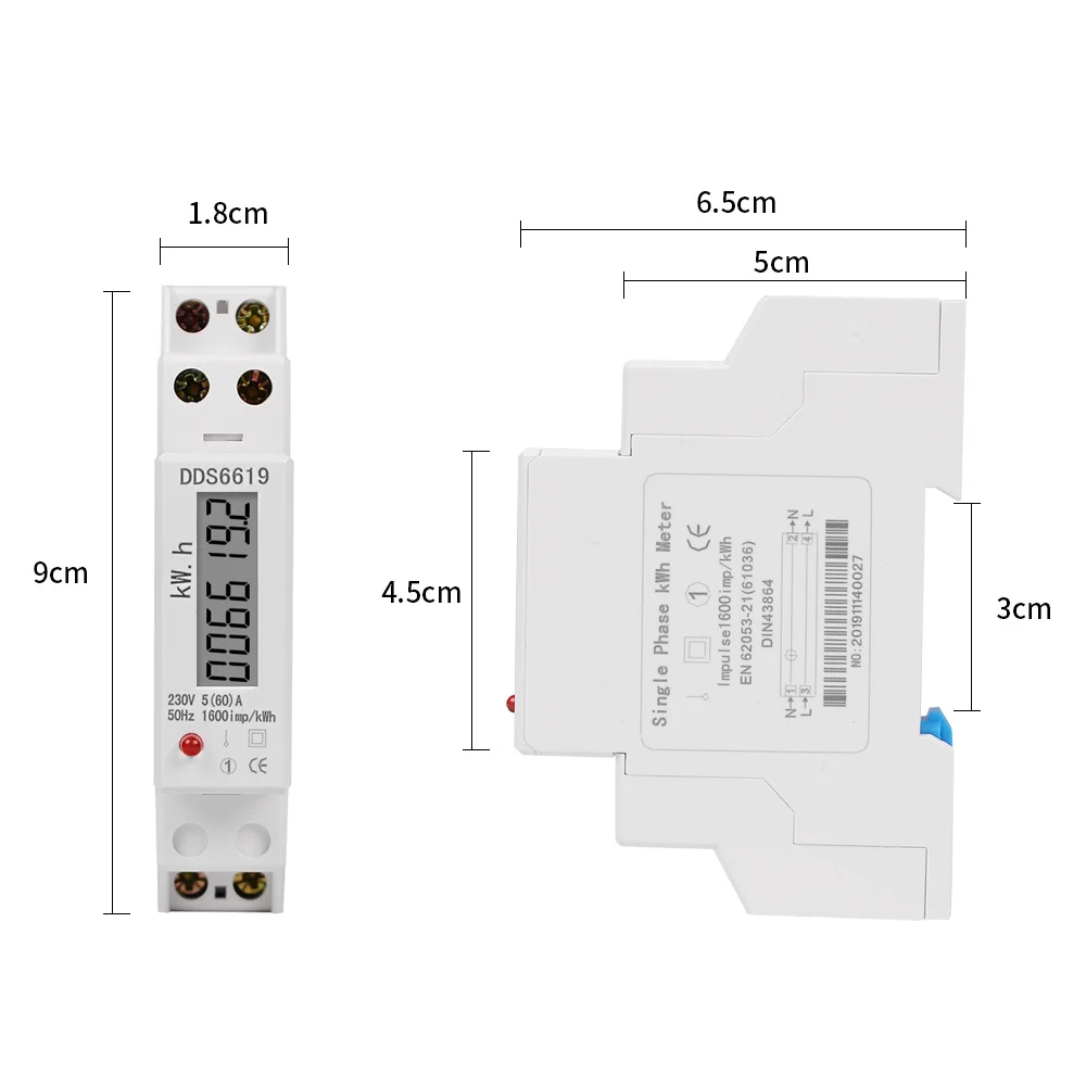 1P 18mm Single Phase 2 Wire Digital Wattmeter Power Consumption Analog Energy Meter kWh AC 230V 50Hz Electric Din Rail Mount