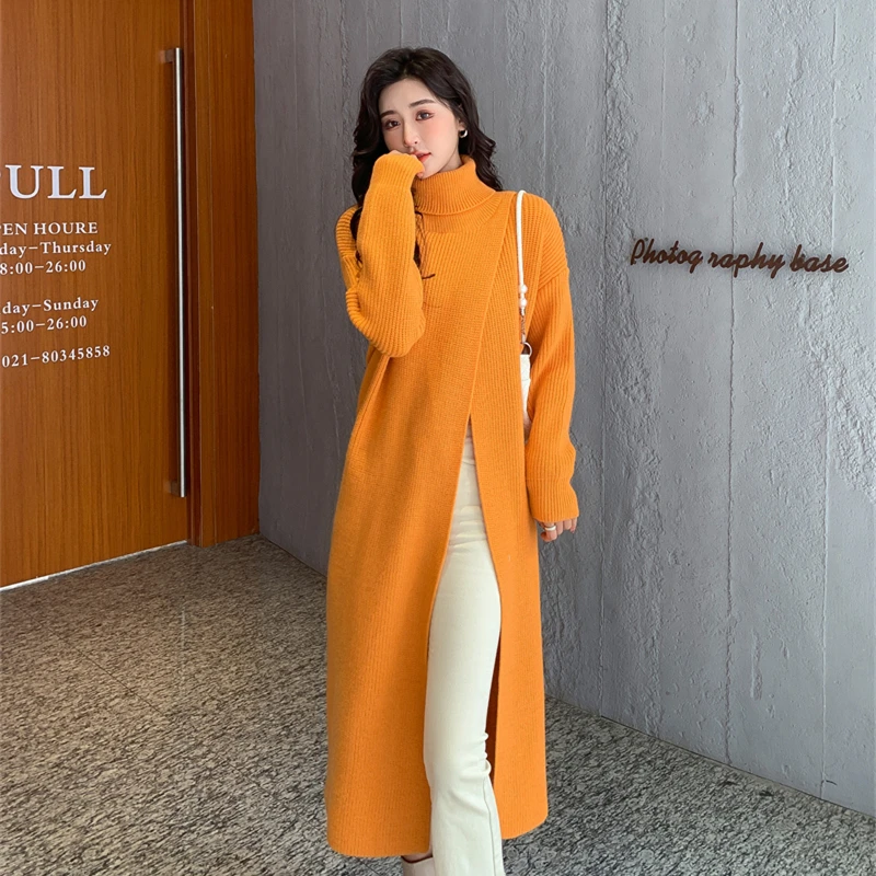 

[ZAYAU]2022High Neck Split Wool Dress Knitted Pullover Autumn and Winter New Medium and Long Style Knee Thin Inner Matching Coat