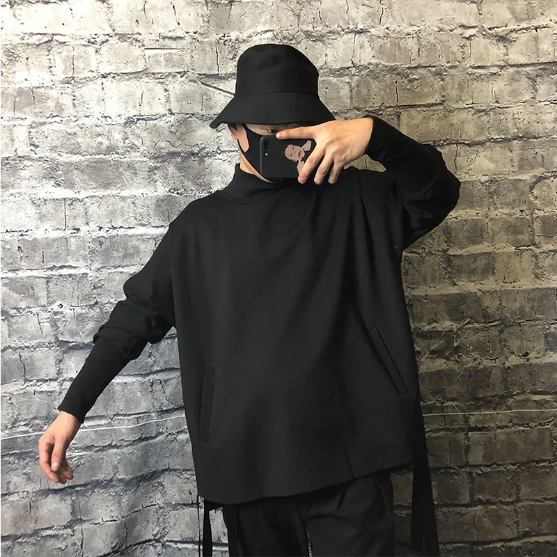 

2020 autumn and winter new fashion brand loose men's hoodless high-neck Harajuku dark slimming split bottoming shirt men