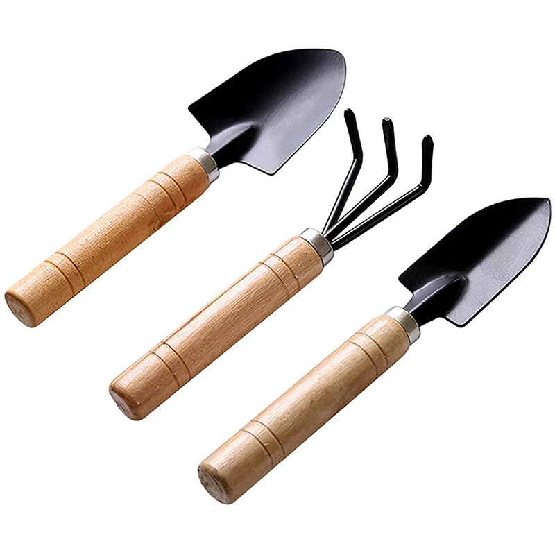 SenNan 3pcs Mini Garden Shovel Rake Spade Erramientas Bonsai Tools Set Wooden Handle For Flowers Potted Plant Garden Tools Set A