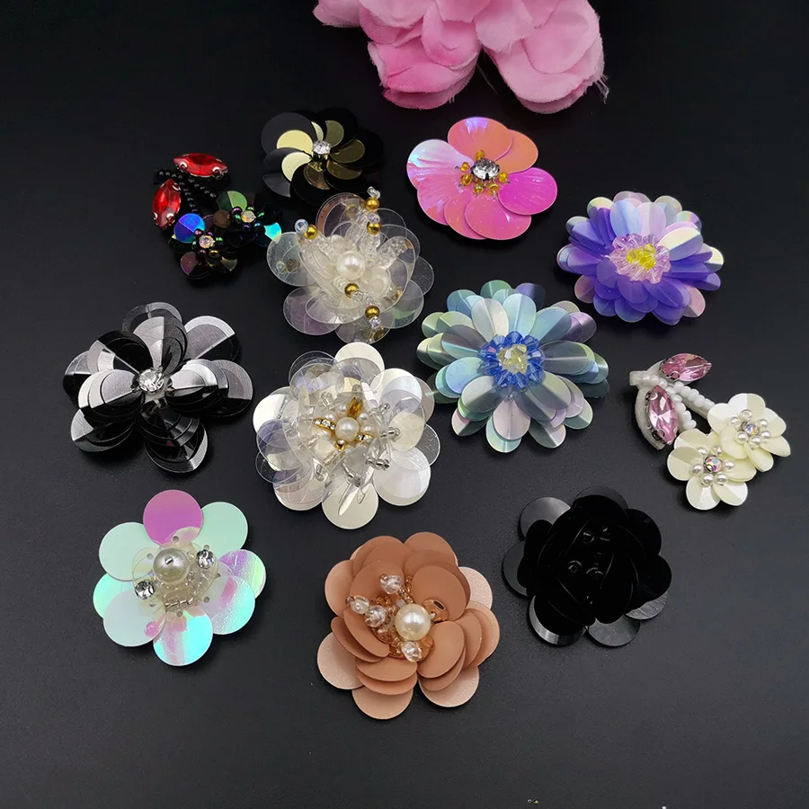 10 Pieces 3D Handmade Small Flower Sequin Appliques Diy Sewing On Patches For Clothing Beading Black White 2 3 4 CM 1 Inch Large