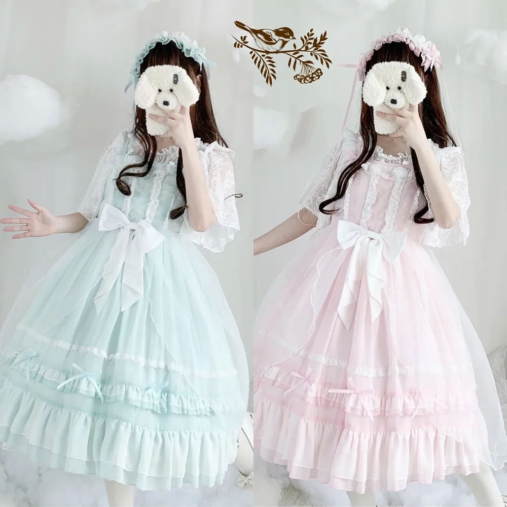 Sommer süße prinzessin lolita strap kleid vintage falbala hohe taille druck viktorianischen kleid kawaii mädchen gothic lolita cos loli