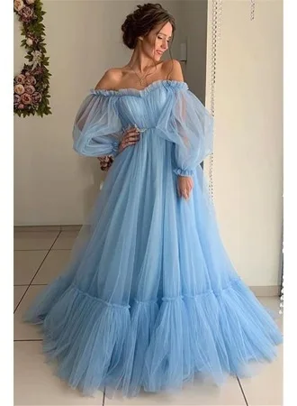 Vestidos de Fiesta rosa para mujer, vestido Formal de tul con un hombro al aire, mangas abullonadas, azul claro, longitud hasta el suelo