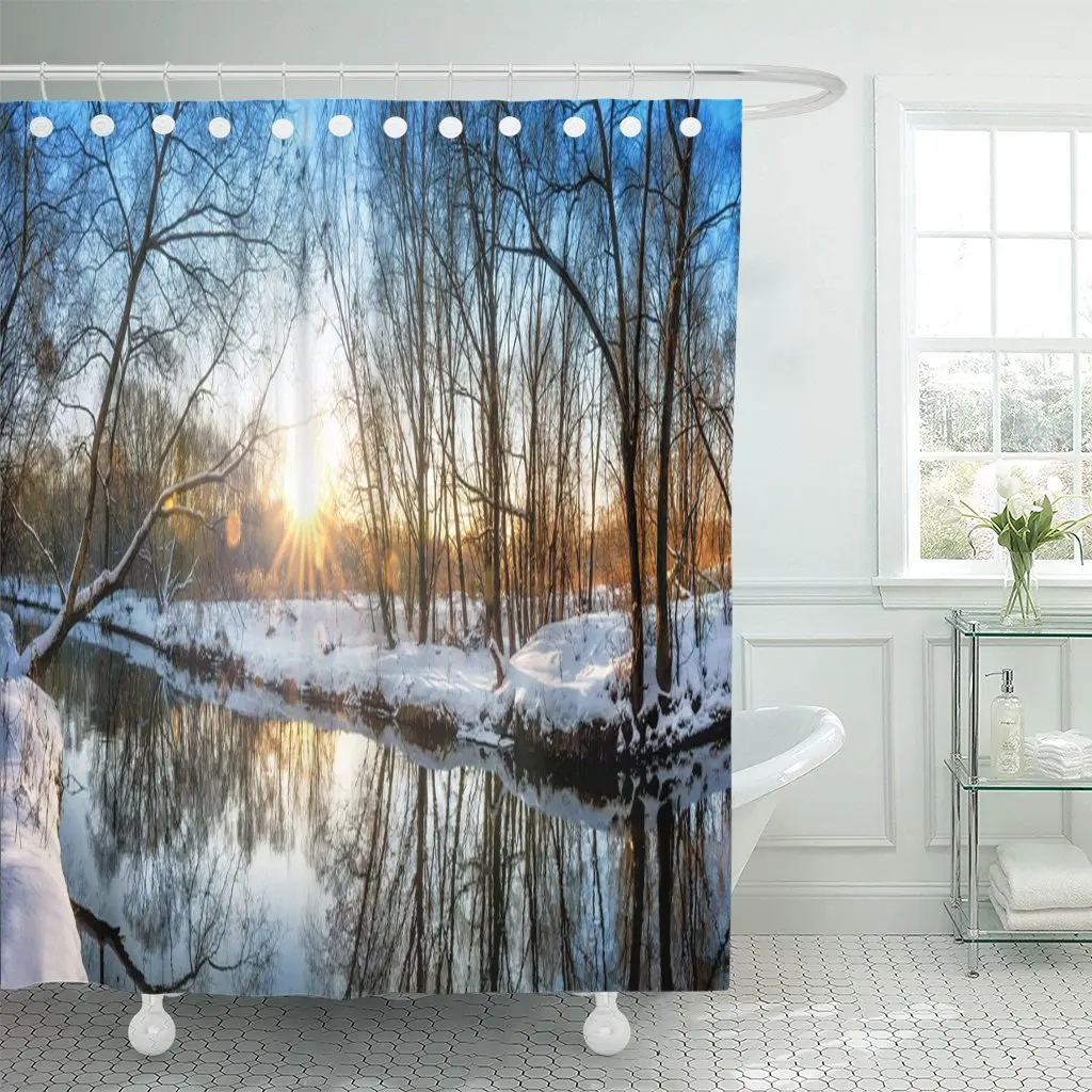 Scenic Russian Winter Wonderland Sunset View of Non Frozen River with Trees Scenery Reflections on Water Shower Curtain