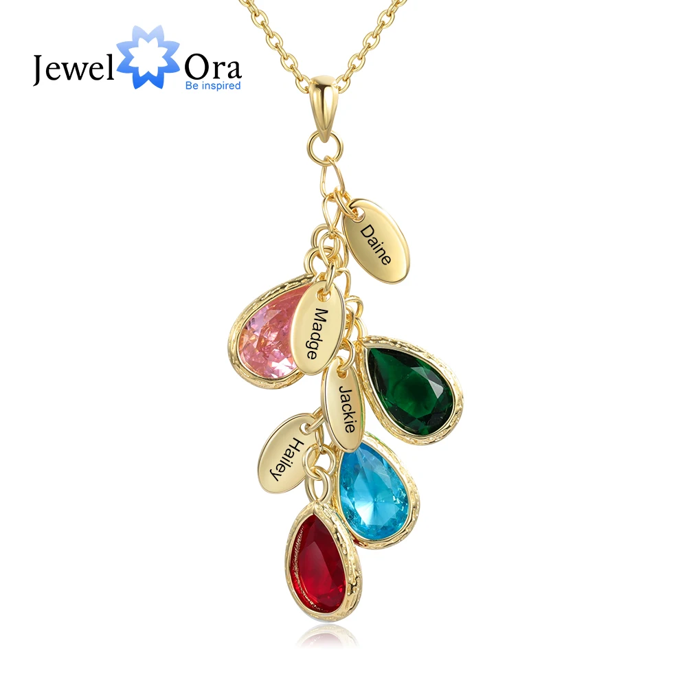 

JewelOra Personalized Mother Necklace with 2-5 Custom Birthstones Engraved Family kids Names Water Drop Pendant Necklace Gifts