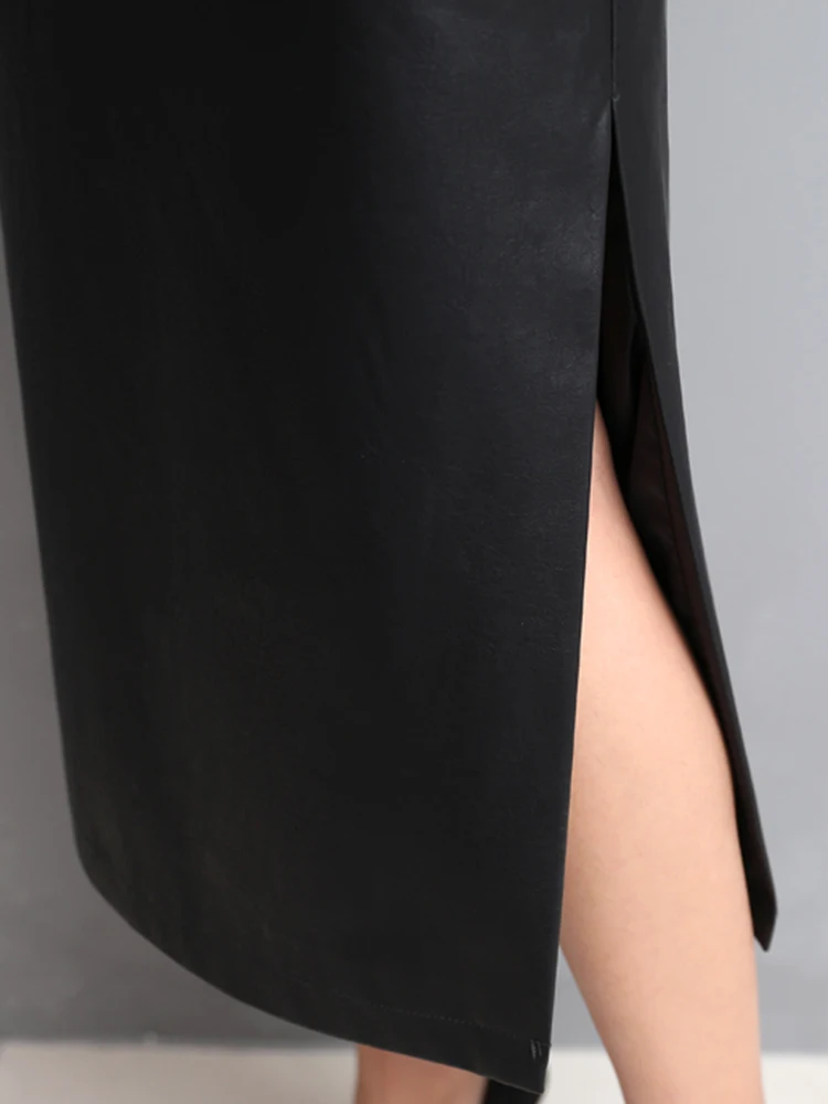 Lautaro Spring Autumn Long Black Faux Leather Pencil Midi Skirt Women with Side Slit Zipper High Waist Luxury Elegant Buttoms