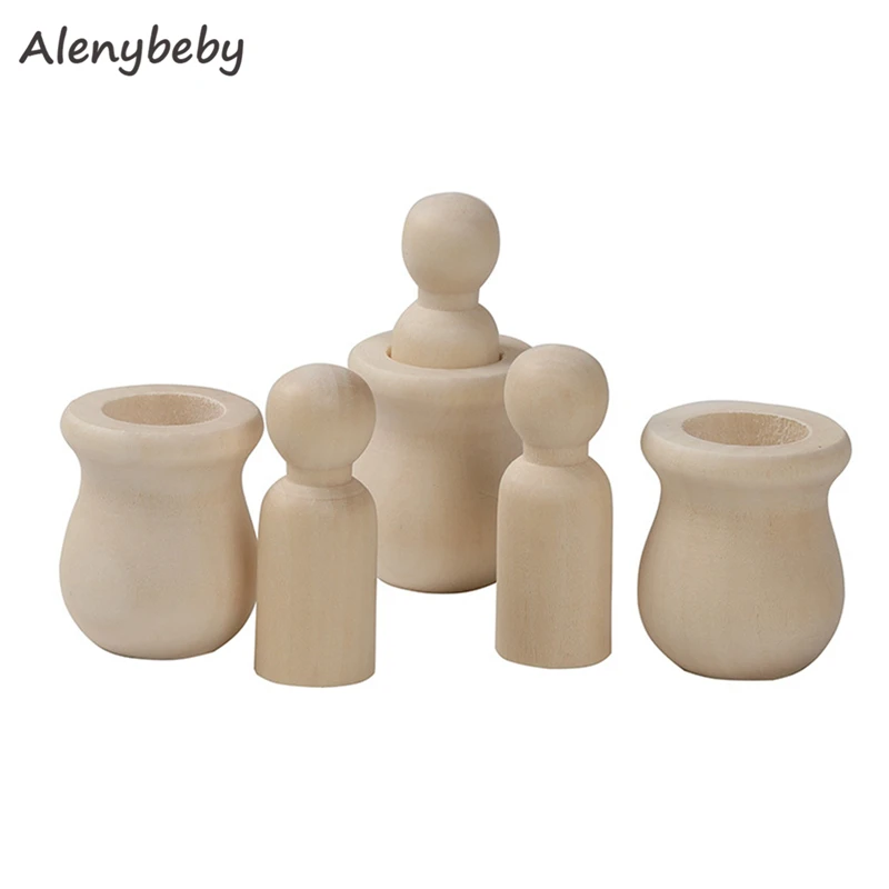 Cute Unpainted Blank Wooden Peg People Nesting Set Peg Dolls Crafts DIY Montessori Toy Creative Kid Toy Wedding Home Decorative