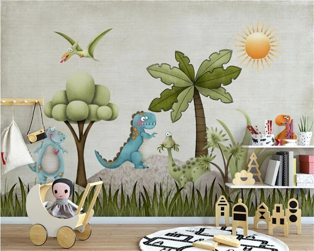 

Custom size wallpaper Cartoon dinosaur illustration children's room background Kindergarten decorative painting 3d wallpaper