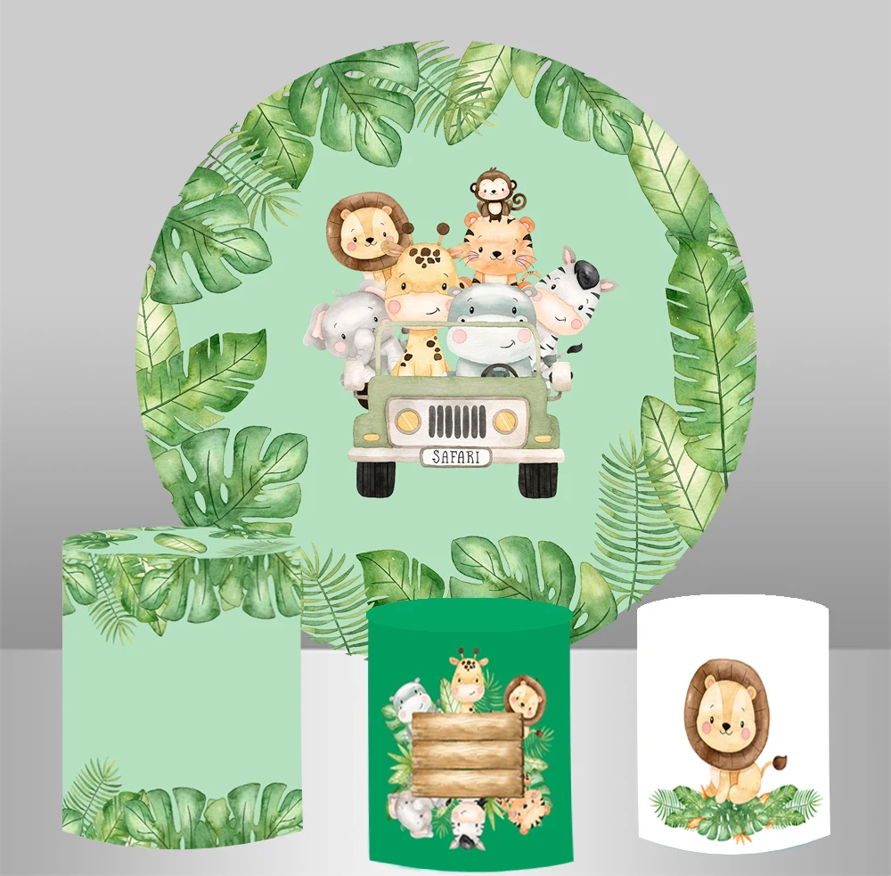 Tropical jungle animals Round circle background baby shower birthday mini cake table party decor fabric 3 cylinder plinth cover