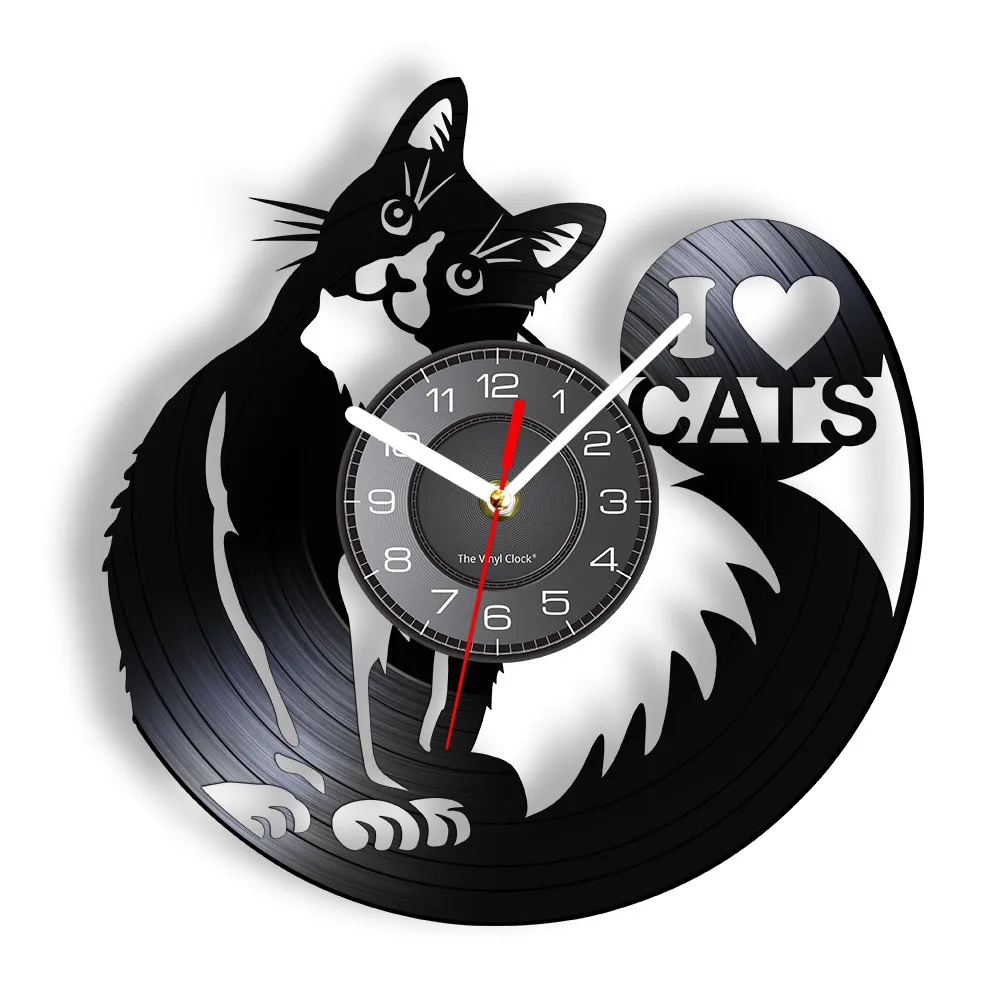 

I Love Cats Cute Kitty Rescue Wall Art Silent Clock Lovely Pet Adoption Kittens Home Decor Cat Shop Vinyl Record Hanging Watch