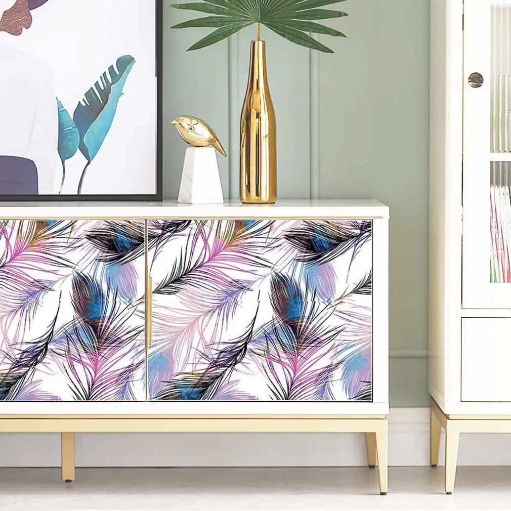 Feather Peel และ Stick วอลล์เปเปอร์ Feather รูปแบบสติ๊กเกอร์แปะผนังขนนกสีม่วงที่ถอดออกได้ Self Adhesive Wallpaper ไวนิลฟิล์ม