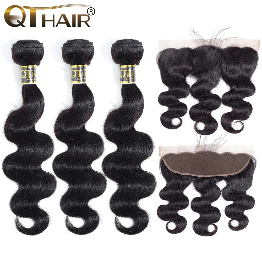 QT Hair Malaysian Body Wave Hair 3/4 Bundles With Lace Frontal Human Hair Bundles With Frontal Non Remy Hair Bundles Black Color